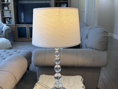 Clear Crystal Ball Stacked Table Lamp with White Fabric Shade