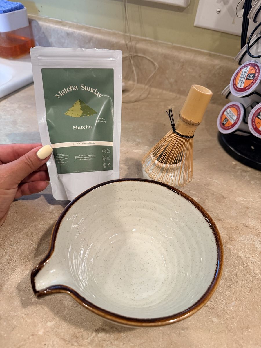 Matcha Ceramic Pouring Bowl Bamboo Whisk and Holder Set