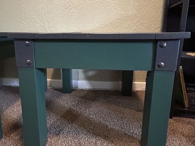 Refinished pair of industrial style, two tone, wood end tables.