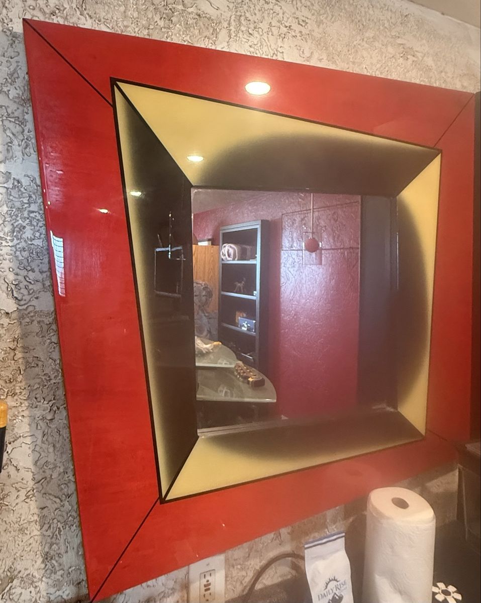 Geometric Wall Mirror - Red & Yellow Accent Frame 39 1/2” x 41” approximately