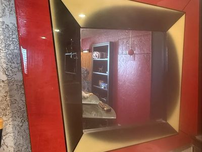 Geometric Wall Mirror - Red & Yellow Accent Frame 39 1/2” x 41” approximately