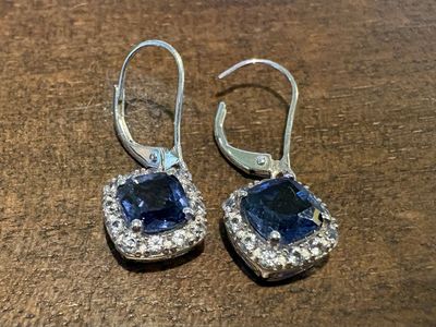 Silver Tone Drop Earrings w/ Cushion Cut Blue Stones