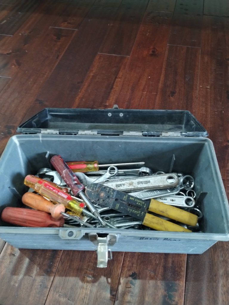 Vintage Tuff-Box Plastic Tool Box with Assorted Wrenches and Sockets