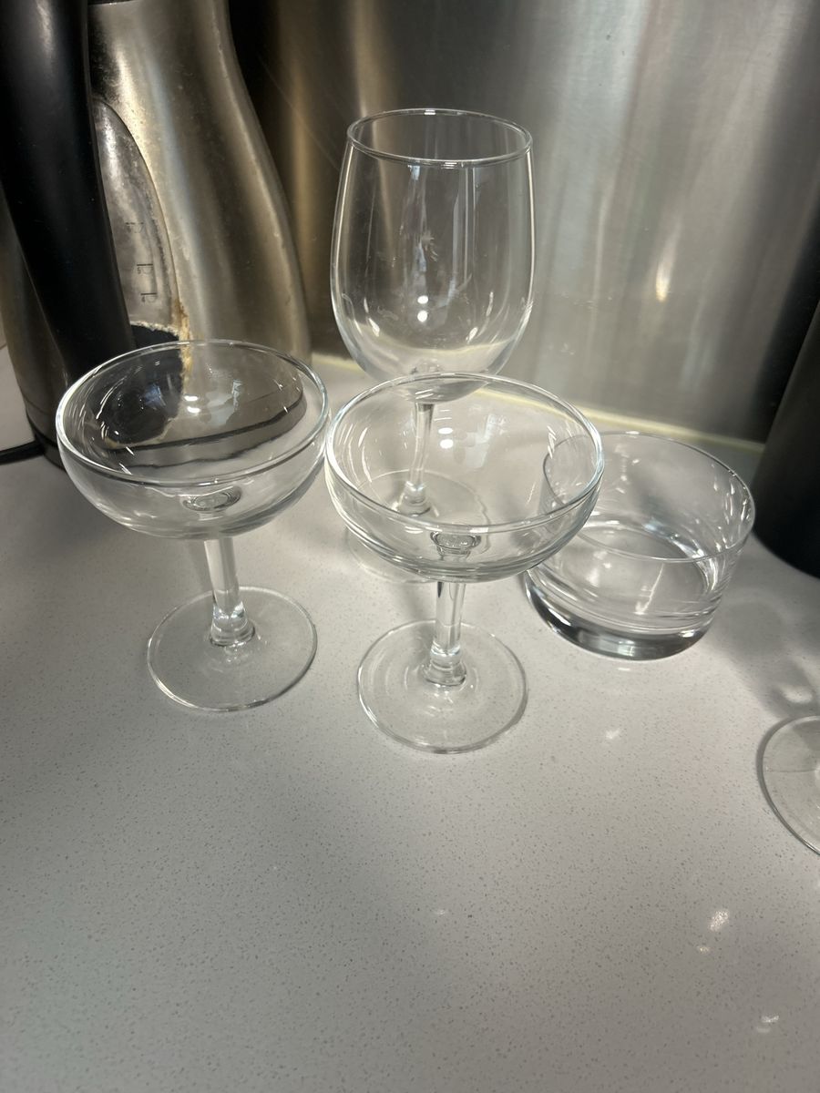 Assorted Clear Glassware Set Including Wine and Coupe Glasses