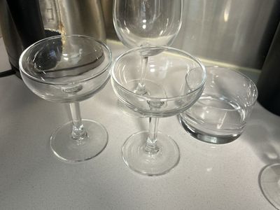 Assorted Clear Glassware Set Including Wine and Coupe Glasses