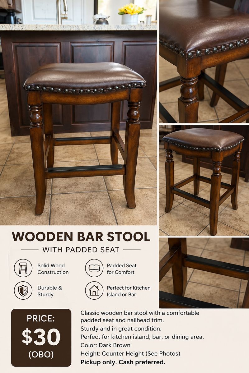 Wooden Bar Stool with Padded Leather Seat and Nailhead Trim - Dark Brown Counter Stool