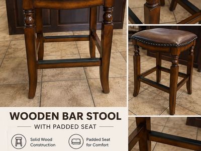 Wooden Bar Stool with Padded Leather Seat and Nailhead Trim - Dark Brown Counter Stool