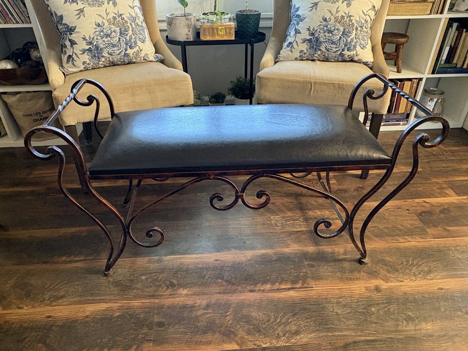 Brown leather wrought iron accent hall bed bench $100 cash/venmo in Draper