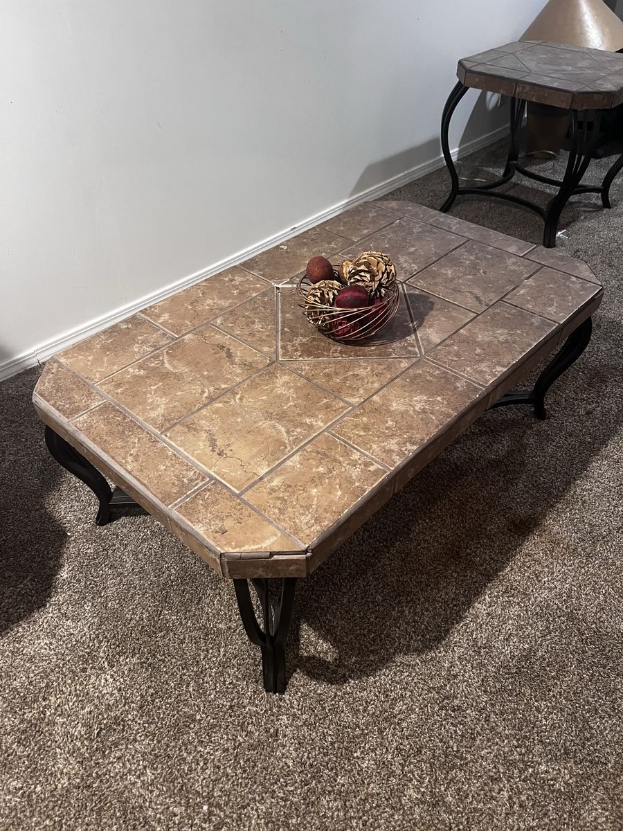 Rustic Tile Top Coffee Table & Matching End Table Set - Wrought Iron Legs