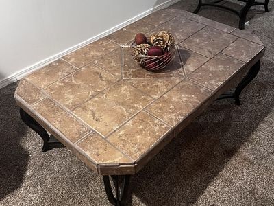 Rustic Tile Top Coffee Table & Matching End Table Set - Wrought Iron Legs