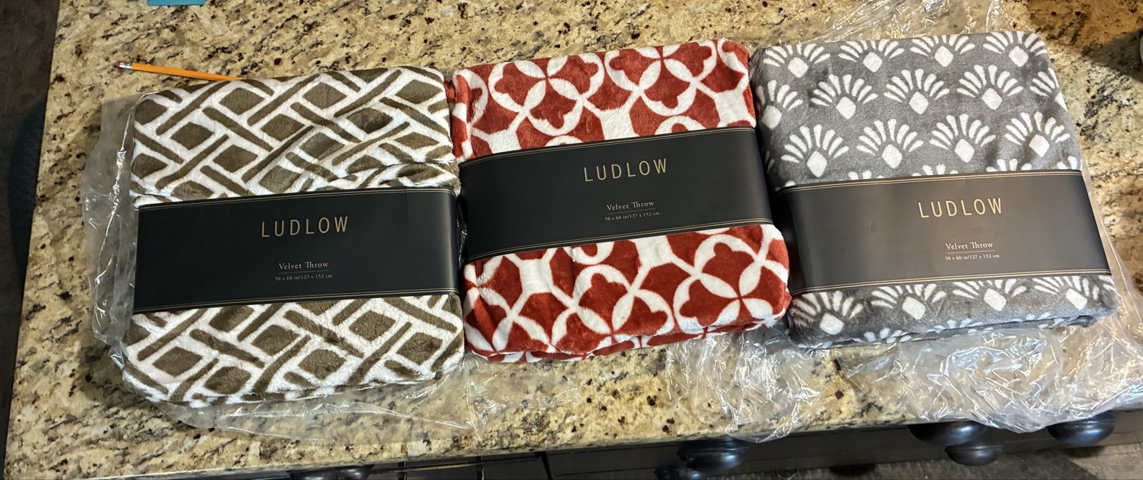 Set of 3, brand new, Ludlow Plush Velvet Throw Blankets 50" x 60" - Geometric Patterns