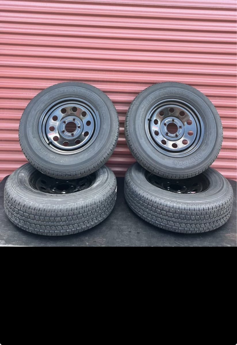 Set of 4 Free Country ST 205/75 R 15 Trailer Tires Mounted on New Black Mod Wheels Hard to Find 10 Ply E Load      Brand New