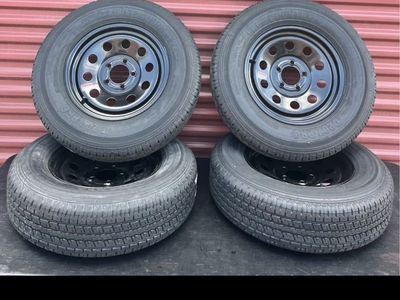 Set of 4 Free Country ST 205/75 R 15 Trailer Tires Mounted on New Black Mod Wheels Hard to Find 10 Ply E Load Brand New