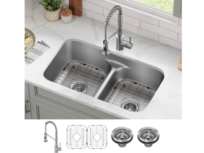 New 32" Undermount 50/50 Double Bowl 18-Gauge Stainless Steel Kitchen Sink,Commercial Style Faucet