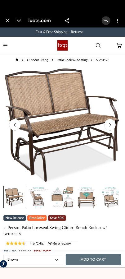Best Choice Products 2-Person Patio Loveseat Glider, Bench Rocker w/ Armrests - Brown