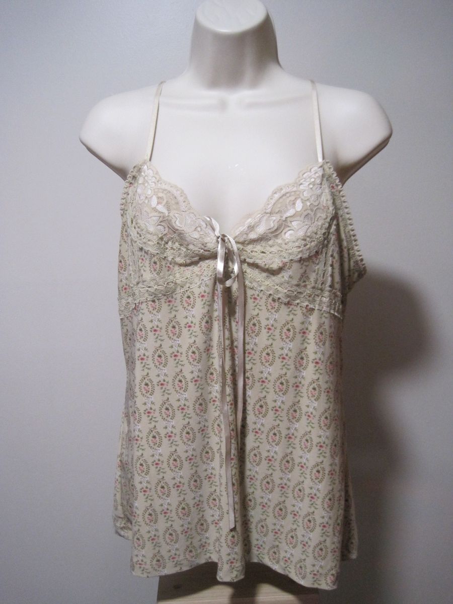 Unbranded Womens Medium Floral Tan Lace Trim Ribbon Drawstring Babydoll Camisole