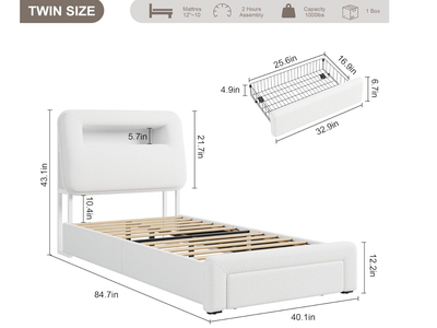 New in Box,Twin LED Bed Frame with Storage Headboard & Charging Station,