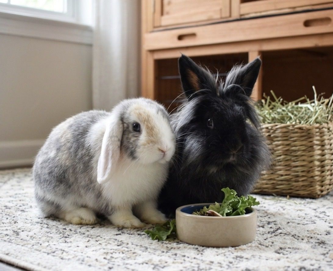 Pair of Domestic Rabbits - Fluffy Black and Gray/White Lop - With Cage and Accessories