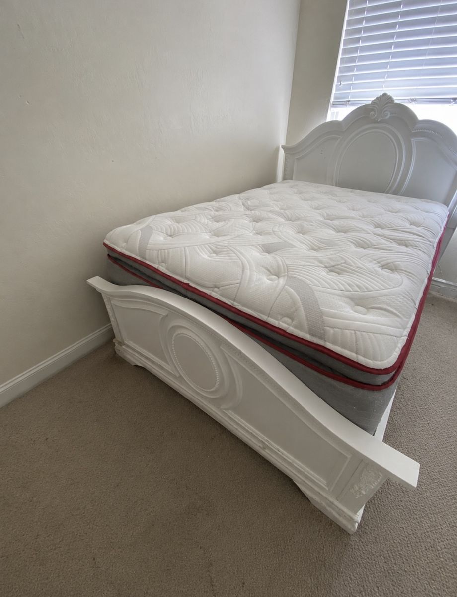 White Bedroom Set with Bed Frame, Dresser, Mirror, and Nightstand