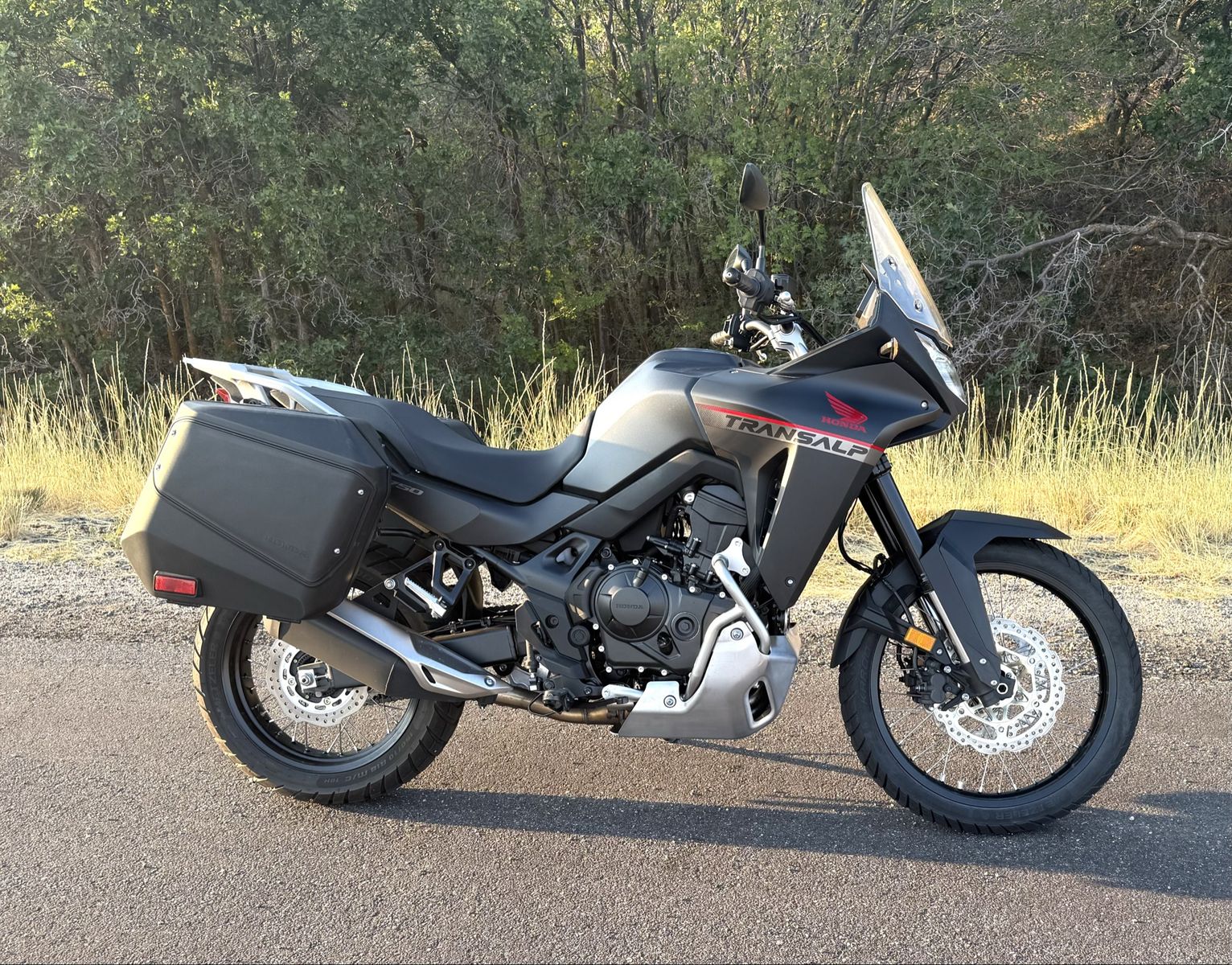 Honda XL750 Transalp Dual-Sport Adventure Motorcycle with Side Panniers