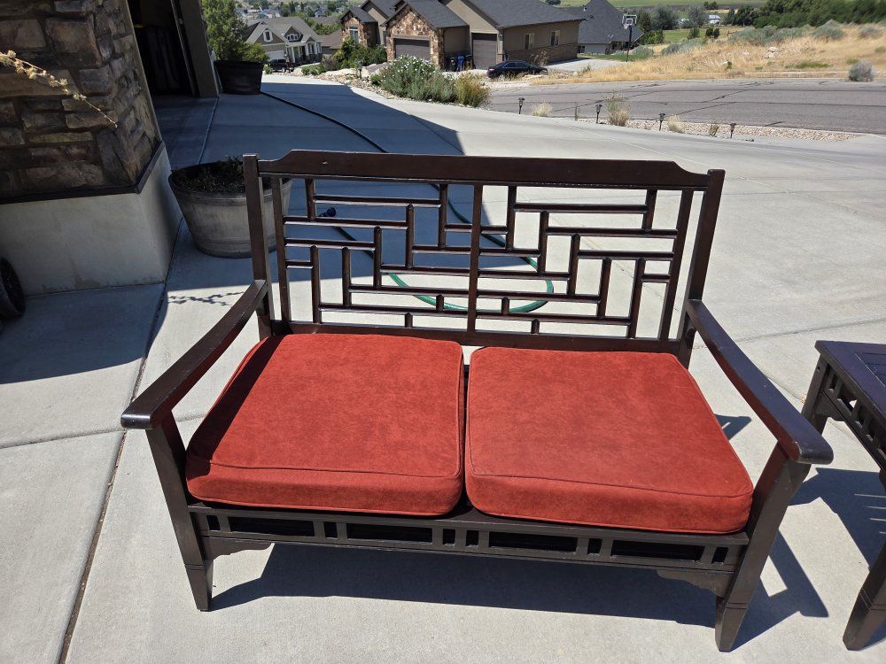 2-Piece Outdoor Patio Set - Dark Wood Bench with Rust Red Cushions & Matching Side Table