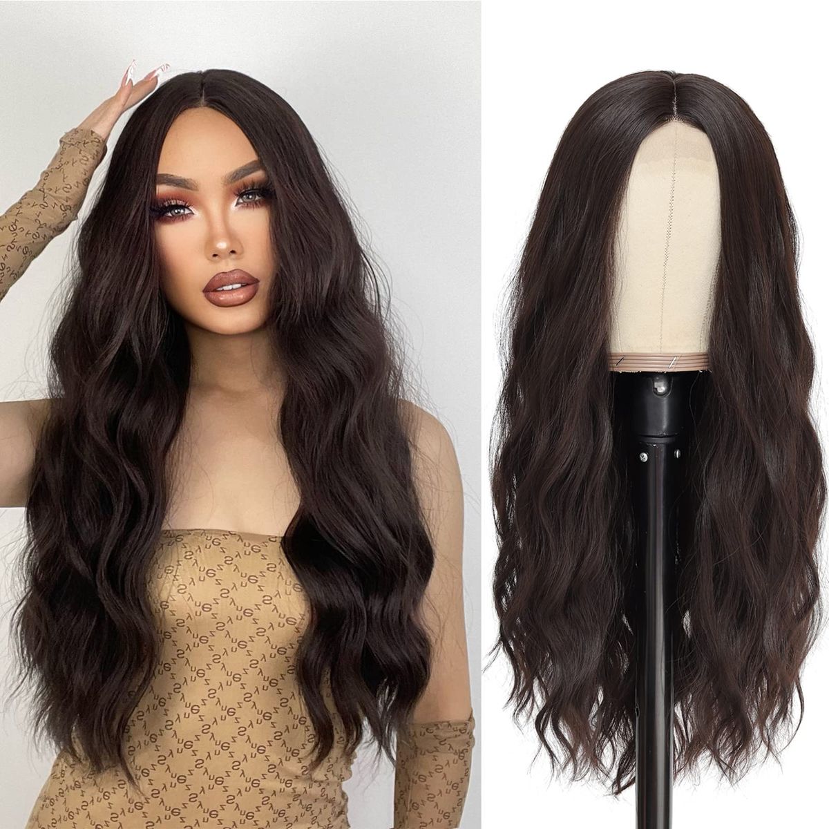 YBYMCAI Long Brown Wavy Wigs for Women Middle Part Dark Brown Wig 26 inch Natural Wave Synthetic Wig Heat Resistant Fiber Wigs f