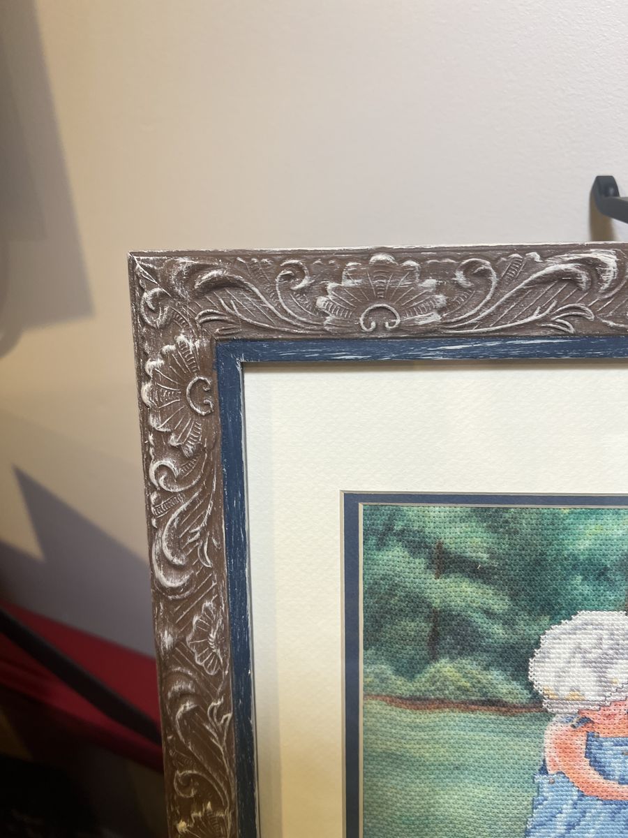 Vintage Hand-Stitched Cross Stitch Wall Art - Little boy in his dad’s golf shoes. Playing Golf - Ornate Wooden Frame.