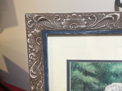 Vintage Hand-Stitched Cross Stitch Wall Art - Little boy in his dad’s golf shoes. Playing Golf - Ornate Wooden Frame.