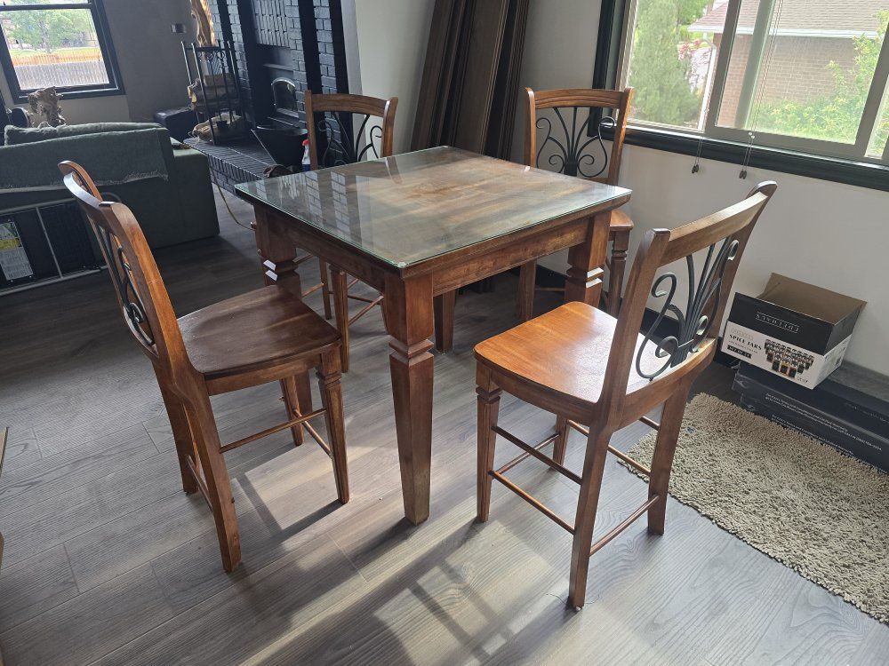 Solid Wooden Bar Height Table with Glass Top and 4 Chairs - Rustic Brown Finish