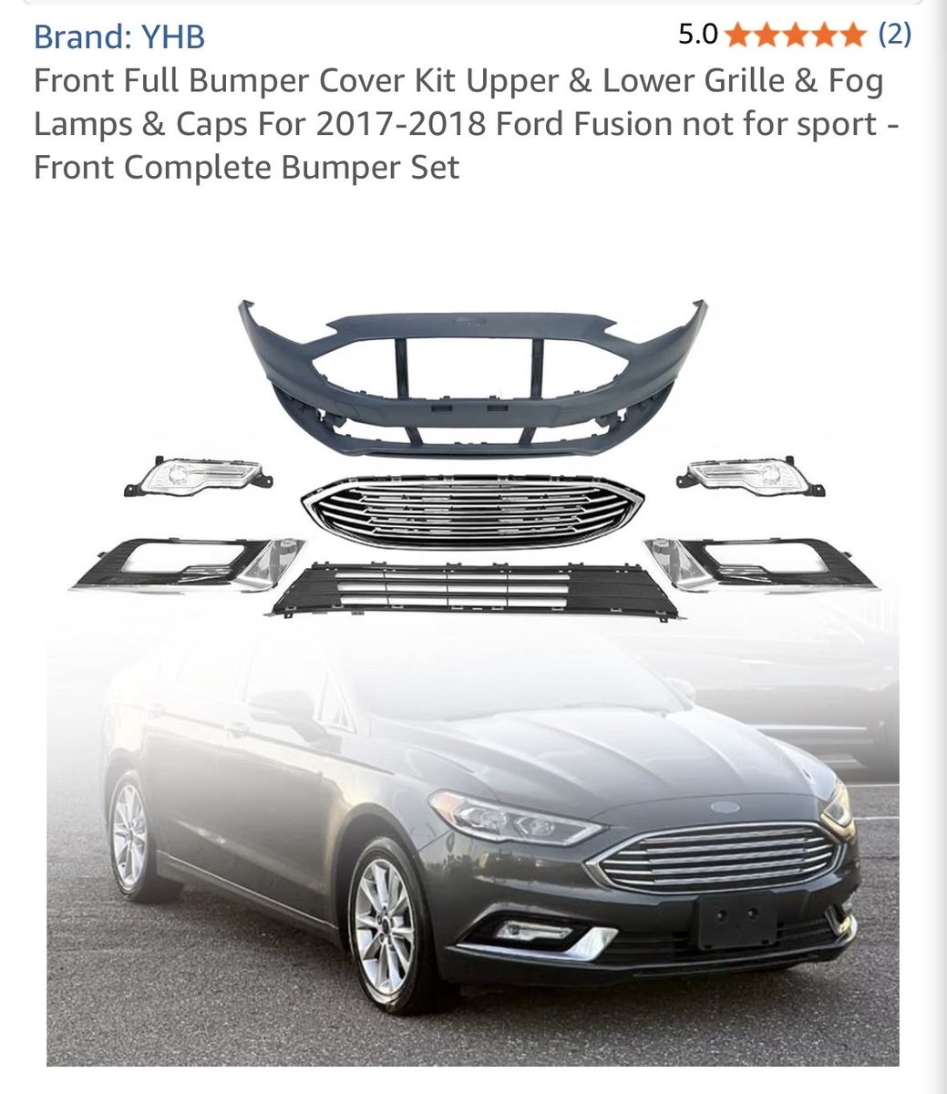 YHB Front Bumper Cover Kit for 2017-2018 Ford Fusion - Upper & Lower Grille, Fog Lamps & Caps