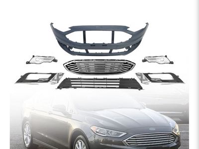 YHB Front Bumper Cover Kit for 2017-2018 Ford Fusion - Upper & Lower Grille, Fog Lamps & Caps