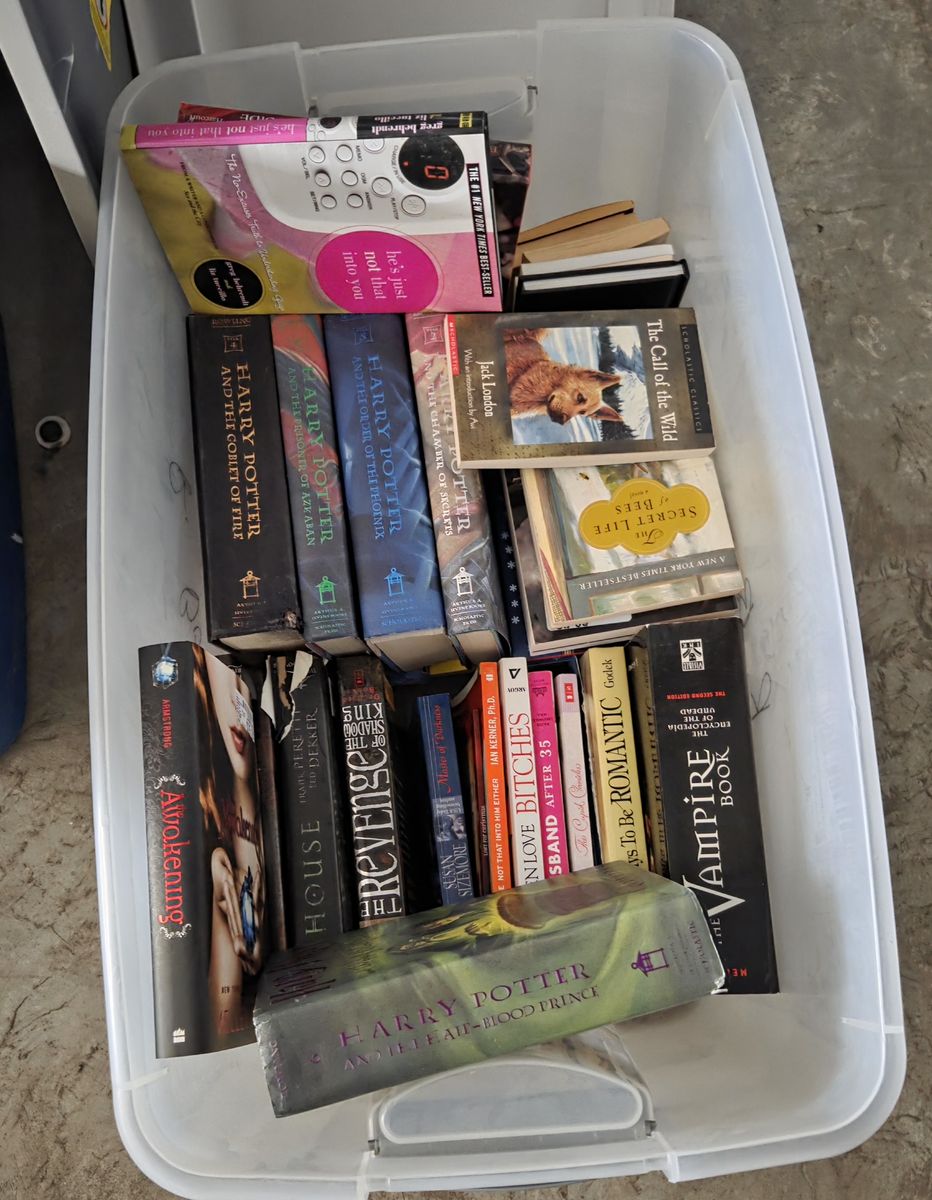 Large tote containing a mix of modern fiction, etc.