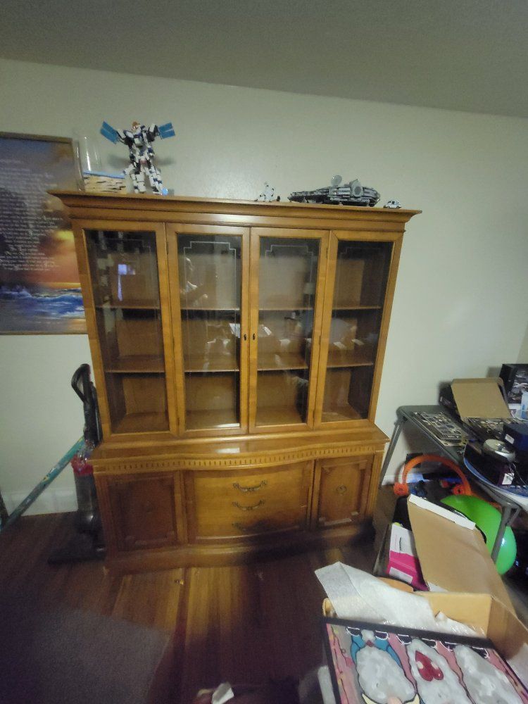 Wooden China Cabinet / Display Hutch with Glass Doors & Drawer Storage