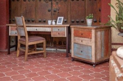 Multicolored pine desk and  filing cabinet. As sold on RC Willey.