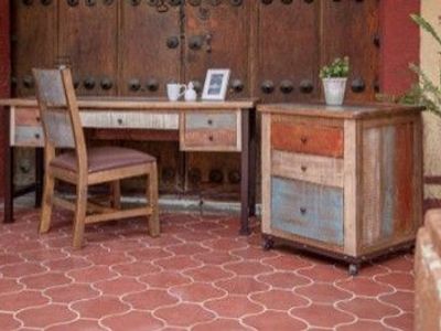 Multicolored pine desk and filing cabinet. As sold on RC Willey.