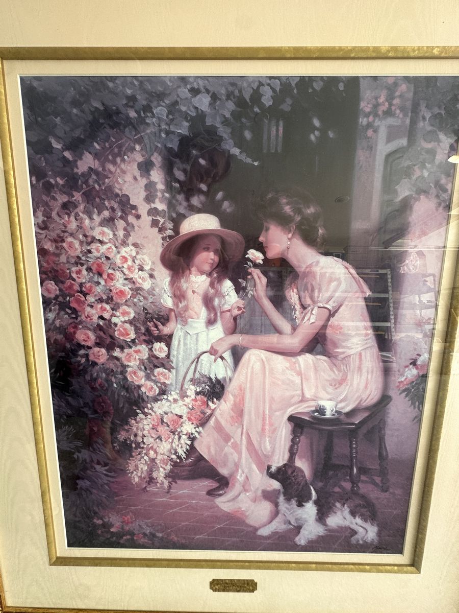 Large Framed Ornate Gold Print - Mother & Daughter with Dog, Floral Scene, Gold Carved Frame