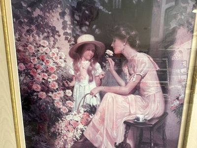 Large Framed Ornate Gold Print - Mother & Daughter with Dog, Floral Scene, Gold Carved Frame