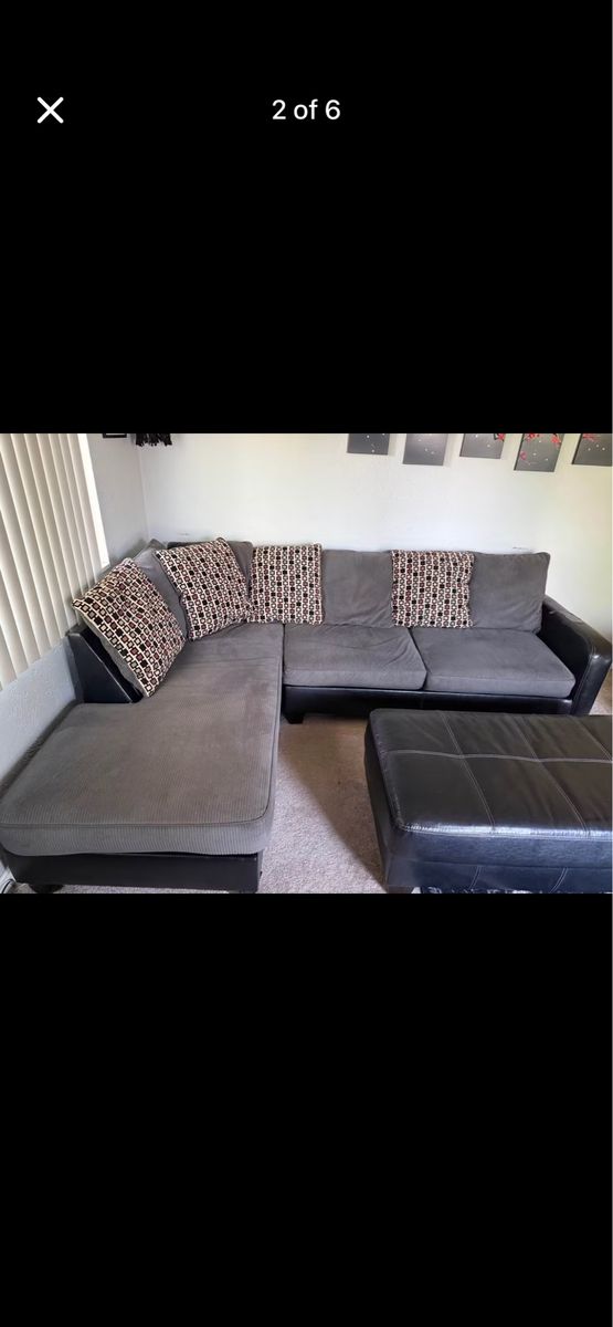 Used Grey Fabric & Black Leather Sectional Sofa with Ottoman