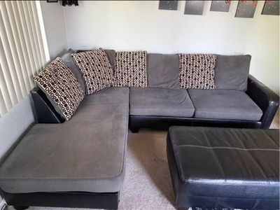 Used Grey Fabric & Black Leather Sectional Sofa with Ottoman