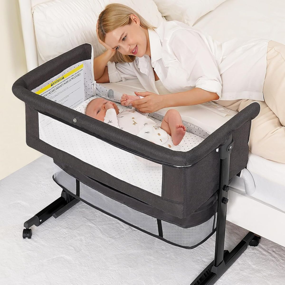 3 in 1 Bedside Bassinets for Baby, Bassinet Bedside Sleeper with Wheels - Dark Grey