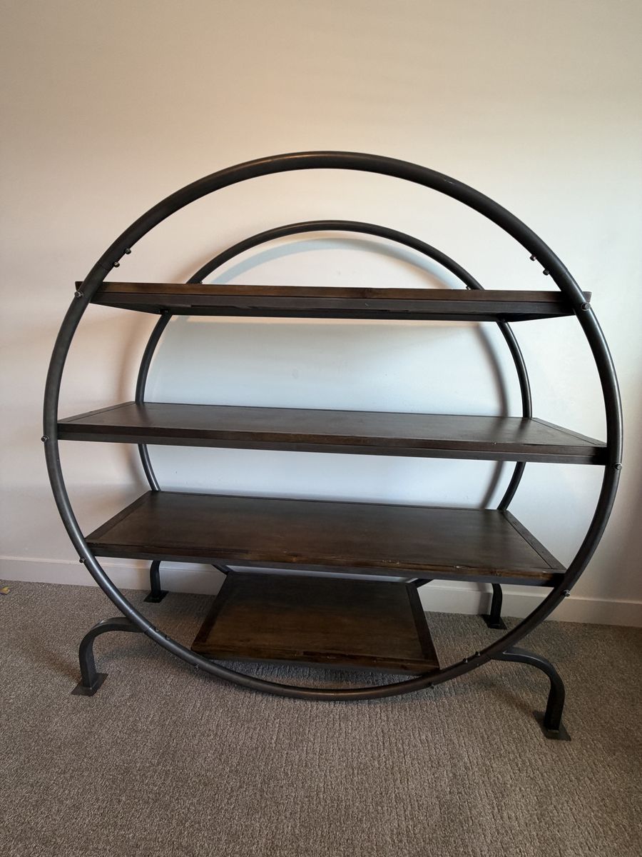 Industrial Style Round Frame with Wood Shelves, 60" Tall Metal Frame Bookcase