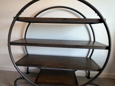 Industrial Style Round Frame with Wood Shelves, 60" Tall Metal Frame Bookcase