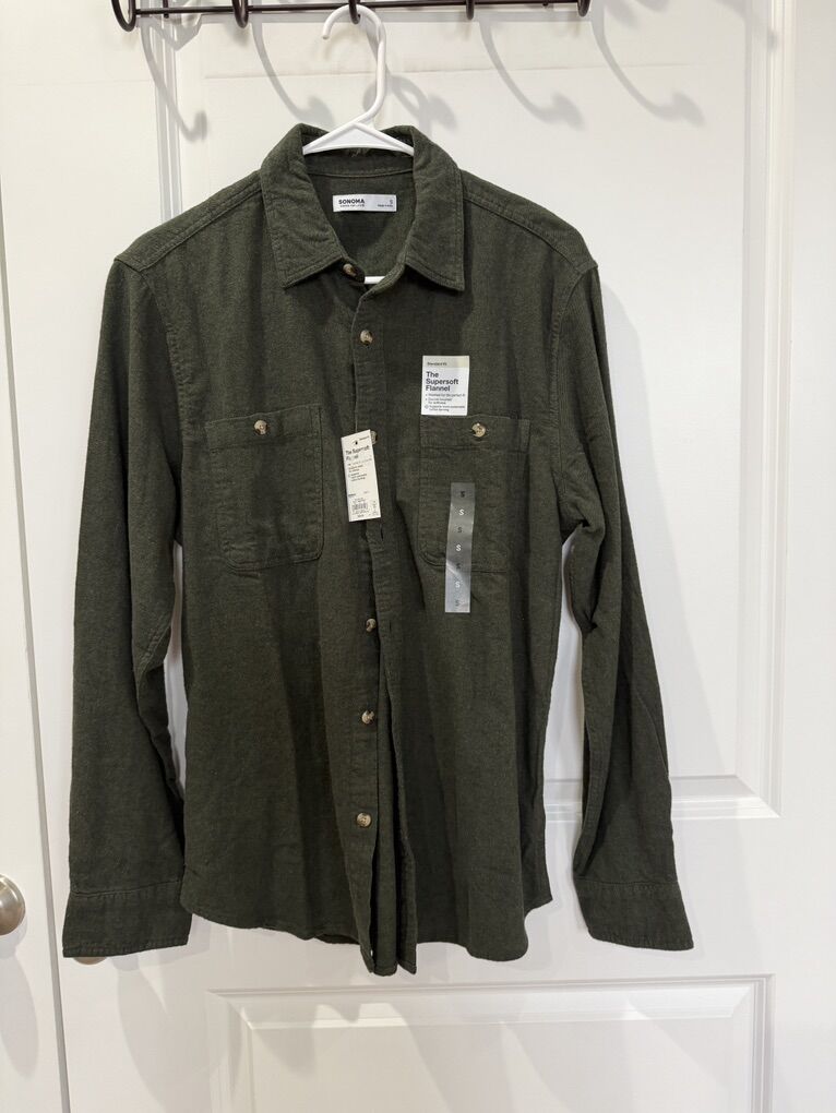NWT Sonoma, Soft Flannel Shirt, Olive Men’s Size S