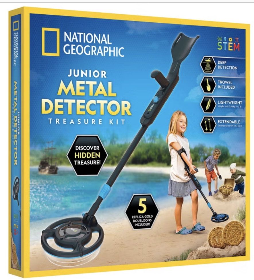 National Geographic Junior Metal Detector Treasure Kit - Deep Detection, Lightweight, Extendable, Trowel & Doubloons