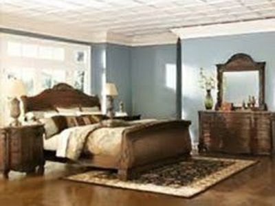 KING BEDROOM SET with headboard, footboard, side rails, dresser, mirror, sitting bench, and 2 night stands.