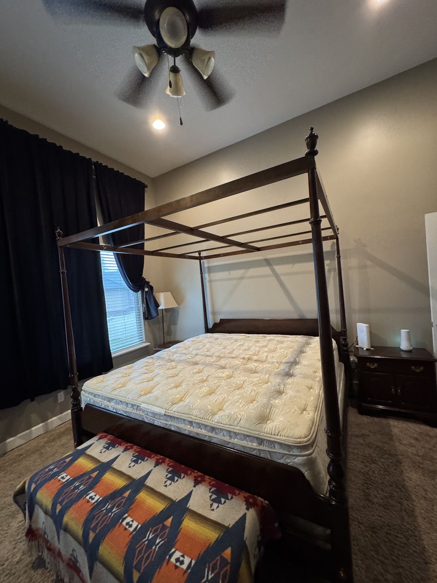 Vintage Ethan Allen King size Canopy Poster Bed, highboy dresser, dresser, mirror, nightstand and mattress