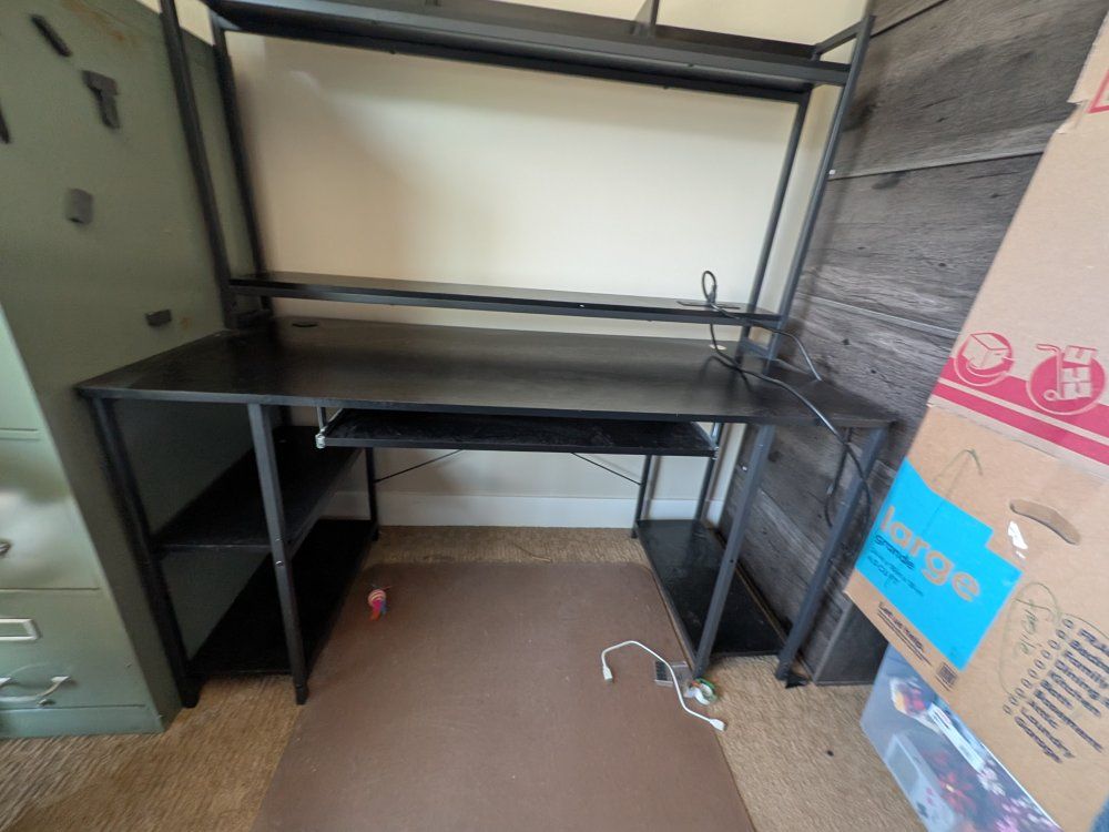 Black Computer Desk with Shelves, Keyboard Tray, and Built-in Power Outlets