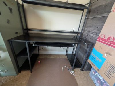 Black Computer Desk with Shelves, Keyboard Tray, and Built-in Power Outlets