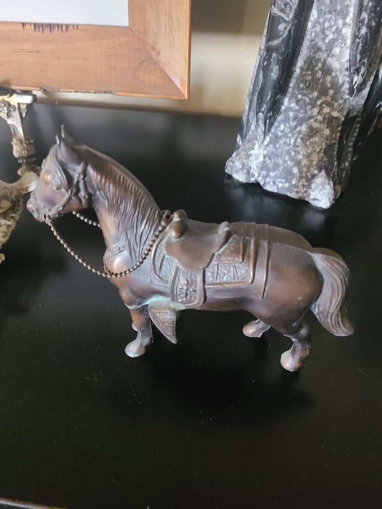 Vintage Cast Metal Bronze Finish Saddled Horse Figurine Statue