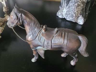 Vintage Cast Metal Bronze Finish Saddled Horse Figurine Statue